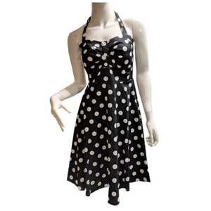Women's Petite Marilyn Monroe Big Polka Dots Halter Dress w/ Padding Black‎ SM